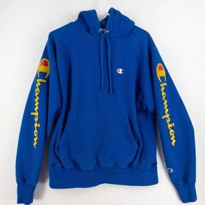 Champion Reverse Weave Hoodie Mens Medium Blue Double Logo Sweatshirt Vintage